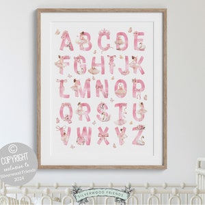 Ballet Alphabet Print, showcasing watercolor ballerinas and ballet elements for an engaging educational experience. Perfect for your ballet nursery decor or as a unique baby shower gift, it complements our best selling ballet nursery prints.