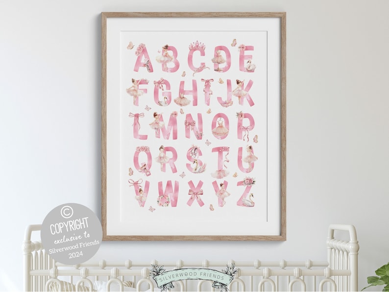 Ballet Alphabet Print, showcasing watercolor ballerinas and ballet elements for an engaging educational experience. Perfect for your ballet nursery decor or as a unique baby shower gift, it complements our best selling ballet nursery prints.