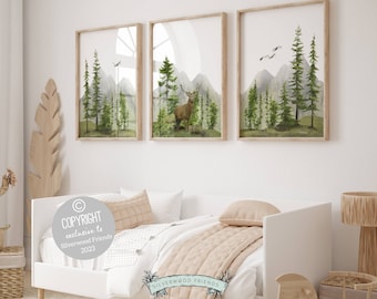 Set of 3 Mountain Print Set, Forest Mountain Nursery Print, Nursery Wall Art, Green Woodland Nursery Decor, Kids Deer Bedroom Digital Print