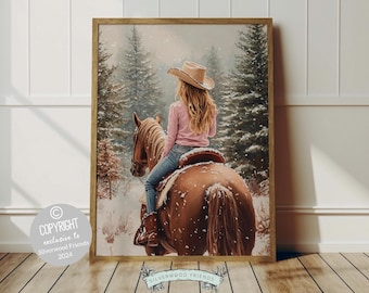 May include: A woman in a pink shirt and brown cowboy hat rides a brown horse through a snowy forest. The horse has a white mane and tail and is covered in snow.