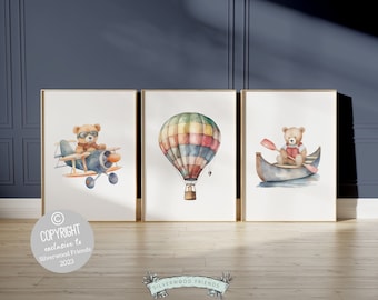Teddy Bear Nursery Prints, Camping Nursery Decor, Bear Nursery Decor, Hot Air Balloon Nursery, Airplane Adventure Nursery Digital Prints