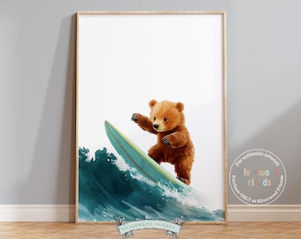 Bear Surfing Nursery Print, Coastal Beach House Surf Nursery Decor, Surfing Animal Nursery Wall Art, Kids Surf Room Wall Decor Digital Print