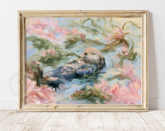 Sea Otter Nursery Oil Painting Print, Cute Coastal Sea Animal Nursery Wall Art for Girls (Digital Download) 68