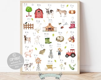 Farm Alphabet Print, Farm Animals Nursery Wall Art, Farm Animal Poster, Educational Prints, ABC Alphabet Poster, abc chart, DIGITAL DOWNLOAD