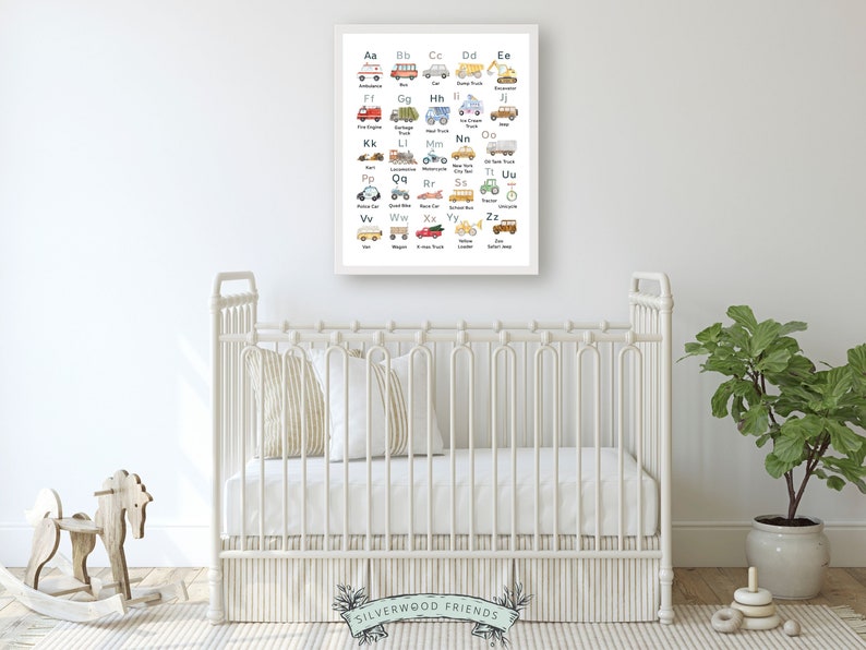 Transport Alphabet Print, Construction Vehicles ABC Print, Boys Nursery Decor, abc Playroom Poster,Homeschool Learning Letters Digital Print image 8