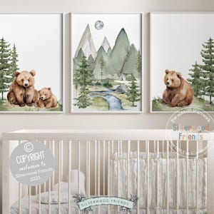Baby Bear Nursery Print, Bear Nursery Decor, Mountain Nursery Decor, Forest Bear Nursery Wall Art, Woodland Camping Nursery Decor, Digital