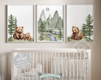 Baby Bear Nursery Print, Bear Nursery Decor, Mountain Nursery Decor, Forest Bear Nursery Wall Art, Woodland Camping Nursery Decor, Digital