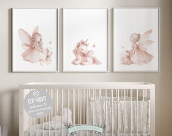 Fairytale Nursery Prints, Baby Girls Fairy Unicorn Nursery Print, Girls Pastel Pink Bunny Bedroom Decor, Fantasy Nursery Decor Digital Print