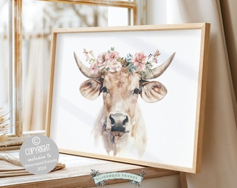 Highland Cow Print, Highland Cow Nursery Decor, Highland Cow Gift Kids Farm Bedroom Wall Decor, Floral Highland Cow Nursery Digital Print