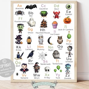 May include: A colorful alphabet chart featuring Halloween-themed illustrations for each letter.  The chart includes images of a spider, bat, Frankenstein, cauldron, devil, eyeball, ghost, haunted house, ice cream, jack-o-lantern, kitten, lantern, mummy, night, owl, potion, quill, raven, spiderweb, tombstone, undead, vampire, witch, x-ray, yuck, and zombie.