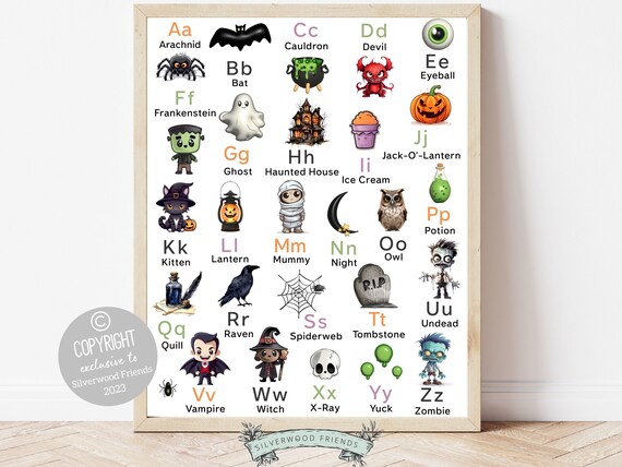 Halloween Alphabet Poster, Spooky Halloween Homeschool Classroom Decor, Magic Nursery Print, Halloween ABC Alphabet Nursery Digital Print
