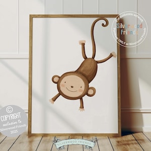 May include: A brown monkey with a big smile hangs upside down from a branch. The monkey is illustrated in a watercolor style with a white background.