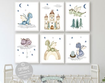 Set of 6 Baby Dragon Nursery Prints, Dragon Nursery Decor, Fairytale Nursery Decor, Dragon Nursery Wall Art, Fantasy Nursery Digital Prints