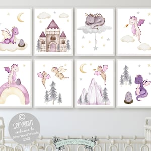 Baby Dragon Nursery Prints Set of 8, Girls Dragon Nursery Decor, Fairytale Dungeons Dragons Nursery Wall Art, Fantasy Nursery Digital Prints