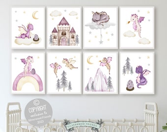 Baby Dragon Nursery Prints Set of 8, Girls Dragon Nursery Decor, Fairytale Dungeons Dragons Nursery Wall Art, Fantasy Nursery Digital Prints