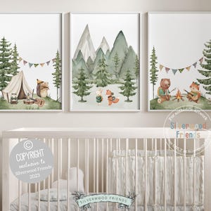 Camping Nursery Prints, Woodland Hiking Nursery Decor, Bear Nursery Wall Art, Nature Nursery Picture, Forest Mountains Nursery Digital Print