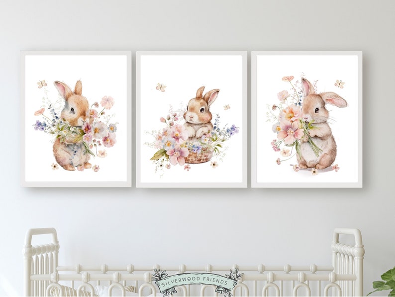 Bunny Nursery Prints, Floral Bunny Nursery Wall Art, Wildflower Nursery Decor, Girl Nursery Prints, Bunny Wildflower Nursery Digital Print immagine 8