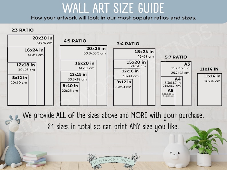 May include: A chart showing different wall art size ratios and dimensions in inches and centimeters. The chart includes 2:3, 4:5, 3:4, and 5:7 ratios. The text "We provide ALL of the sizes above and MORE with your purchase. 21 sizes in total so can print ANY size you like." is at the bottom of the chart.