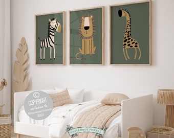 Safari Nursery Prints, Safari Nursery Decor, Nursery Wall Art, Jungle Nursery Decor, Green Nursery Print,Green Kids Room Decor Digital Print
