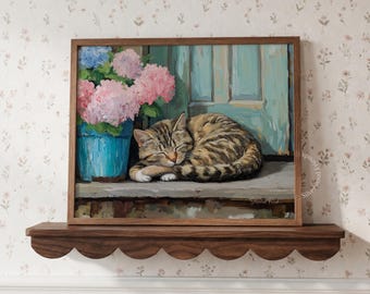 Cozy Cottagecore Cat Painting with Hydrangeas, Kitten Nursery Wall Art (Digital Download) 43