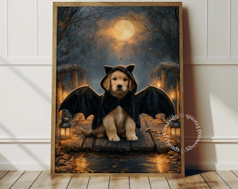 May include: A golden retriever puppy wearing a black bat costume with wings sits on a wooden bridge at night. A full moon glows in the dark sky above, surrounded by bare trees and glowing lanterns on the bridge posts. The scene is framed in a wooden border.