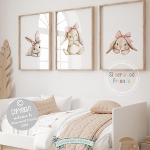 Baby Girls Bunny Nursery Prints, Baby Girl Woodland Bunny Nursery Decor, Nursery Wall Art, Easter Decor Poster, Spring Artwork Digital Print
