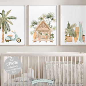 May include: Three framed illustrations with a tropical theme. The first illustration features a palm tree and a blue scooter. The second illustration features a wooden hut with a thatched roof and palm trees. The third illustration features a potted palm tree and three surfboards.