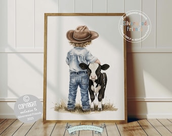 May include: Watercolor print of a child in a cowboy hat and denim shirt, standing with a black and white calf. The artwork is framed in a wooden frame and set against a white background. The image includes the text "COPYRIGHT exclusive to Silverwood Friends 2025".