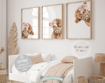 Peeking Highland Cow Nursery Print, Baby Girl Highland Cow Nursery Decor Gift, Baby Girl Farm Bedroom Pink Bow Wall Decor Digital Prints