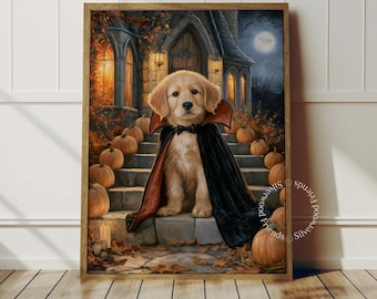 May include: A golden retriever puppy wearing a black cape with a red lining, sitting on stone steps surrounded by orange pumpkins. The background features a dark house entrance with glowing windows and a full moon in the night sky.