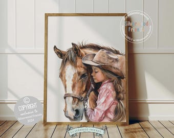 May include: A watercolor painting of a young girl wearing a brown cowboy hat and a pink shirt, leaning against a brown horse. The girl is looking down at the horse, and the horse is looking at the viewer. The painting is set against a white background.