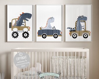 Baby Boys Dinosaur Theme Nursery Print Set of 3,Transport Theme Nursery, Dino Decor,Dinosaur Playroom Print Set,Toddler Bedroom Dino Poster