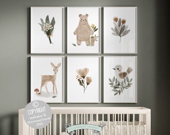 Imprimés animaliers des bois, décoration de chambre d'enfant des bois, art mural bohème pour chambre d'enfant, impressions pour chambre de bébé fille, chambre de bébé floral bohème, cadeau de baby shower bohème