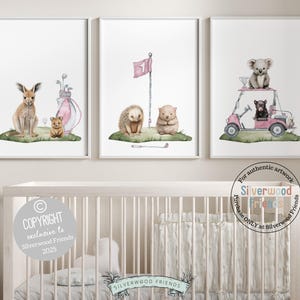 Golf Nursery Prints, Girls Pink Golf Nursery Decor, Australian Animal Nursery Wall Art, Aussie Native Animal Sports Room Decor Digital Print