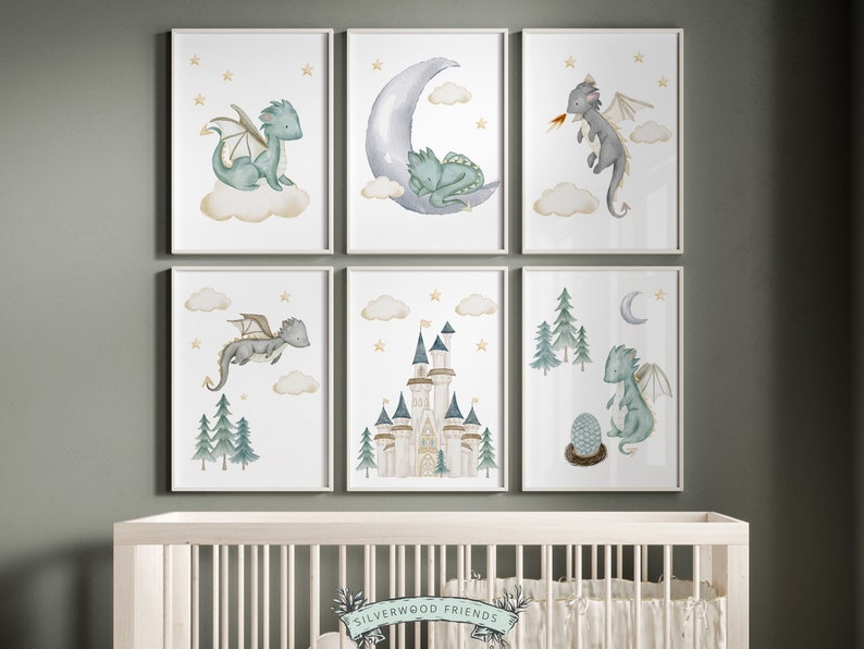 Set of 6 Baby Dragon Nursery Prints, Dragon Nursery Decor, Dragon ...
