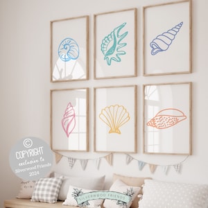 Impresiones costeras de conchas marinas, arte mural playero, impresión de guardería con océano en colores pastel, arte mural náutico para guardería, impresiones digitales para decoración de habitaciones infantiles con casas de playa