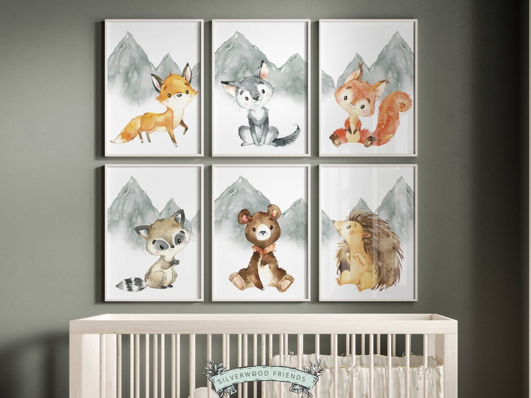 Woodland Animal Nursery Print, Mountain Nursery Prints, Woodland
