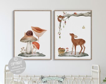 ORIGINAL Woodland Mushroom Nursery Print Gift For Kids Woodland Deer Mushroom Nursery Decor, Forest Nature Nursery Wall Art Digital Prints