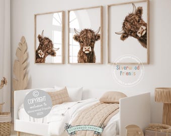 Peeking Highland Cow Nursery Prints, Highland Cow Nursery Decor, Farm Animal Kids Room Wall Decor, Digital Download