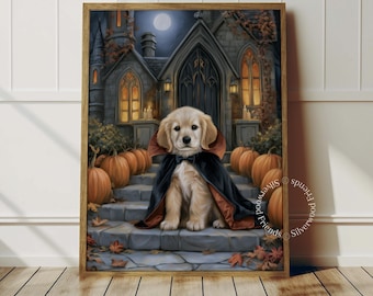 May include: A framed wall art print featuring a golden retriever puppy wearing a black and orange vampire cape. The puppy sits on stone steps in front of a gothic building at night, surrounded by orange pumpkins and scattered autumn leaves.