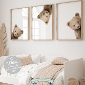 Peeking Bear Nursery Print, Teddy Bear Nursery Decor, Neutral Brown Nursery Decor, Baby Bear Nursery Wall Art Woodland Nursery Digital Print image 2