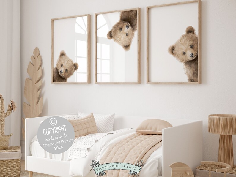 Peeking Bear Nursery Print, Teddy Bear Nursery Decor, Neutral Brown Nursery Decor, Baby Bear Nursery Wall Art Woodland Nursery Digital Print image 2