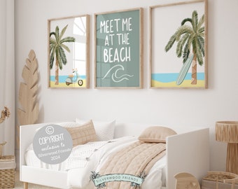 Kustväggkonst, surfbrädepalmtryck, strandinredning i studentrummet, trendig väggdekoration för tonårsstrandhus, digitalt tryck med träffa mig på stranden
