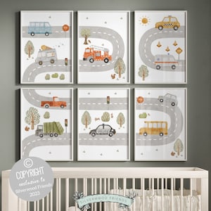 Transport Vehicle Nursery Prints Set of 6, Boys Car Nursery Decor, Toddler Truck Playroom Poster, Boys Woodland Nursery Decor Digital Prints