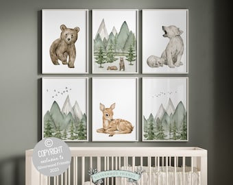 ORIGINAL Woodland Baby Animal Nursery Prints, Baby Forest Animals Nursery, Woodland Mountain Nursery Decor, Neutral Nursery Baby Shower Gift