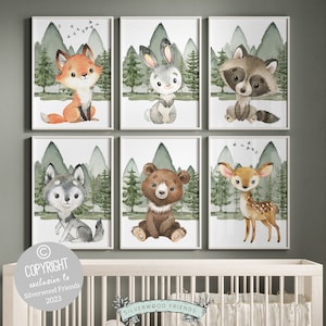 Juego de 6 láminas de animales del bosque para guardería, decoración de cuna con criaturas del bosque, temática de montaña, arte mural para habitación infantil con temática forestal.