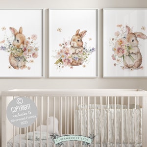 Our gorgeous Bunny Nursery Prints with watercolor bunny rabbits, wildflowers and butterflys, are perfect for your little girls wildflower nursery decor and also makes a unique baby shower gift.