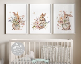 Bunny Nursery Prints, Floral Bunny Nursery Wall Art, Wildflower Nursery Decor, Girl Nursery Prints, Bunny Wildflower Nursery Digital Print