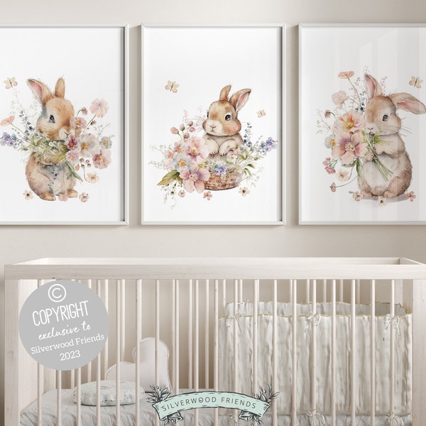 Bunny Nursery Prints, Floral Bunny Nursery Wall Art, Wildflower Nursery Decor, Girl Nursery Prints, Bunny Wildflower Nursery Digital Print
