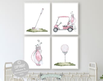 Girls Golf Nursery Prints, Baby Girl Sport Nursery Decor, Pink Golf Nursery Decor, Pink Watercolor Golf Bag, Golf Cart, Golf Club, Golf Ball